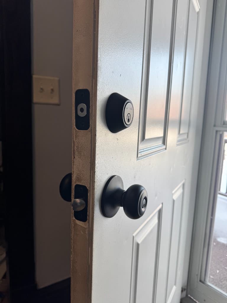 Interior view of new deadbolt and doorknob installation