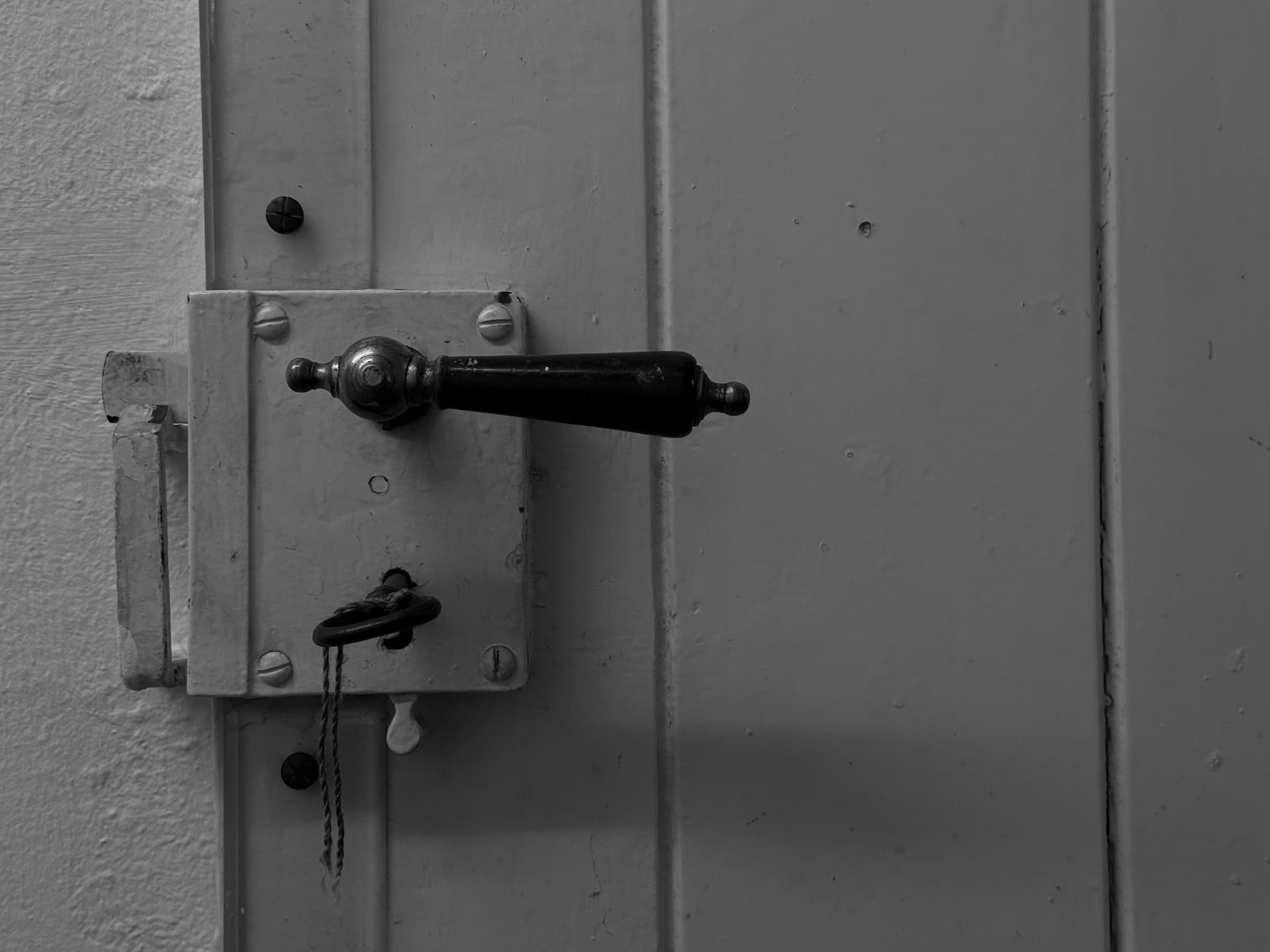 Close-up of residential door lock with key